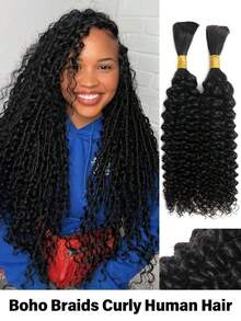 100g 2 Bundles/Pack Curly Boho Hair For Braiding Knotless 12A Deep Wave Bulk Wet And Wavy Braiding Hair Curly Virgin No Weft Extensions Natural Black Color Human Hair For Boho Braids Human Unprocessed Curly Bulk Bohemian Hair Extensions Natural Color No Weft - Natural Black - 查看 1