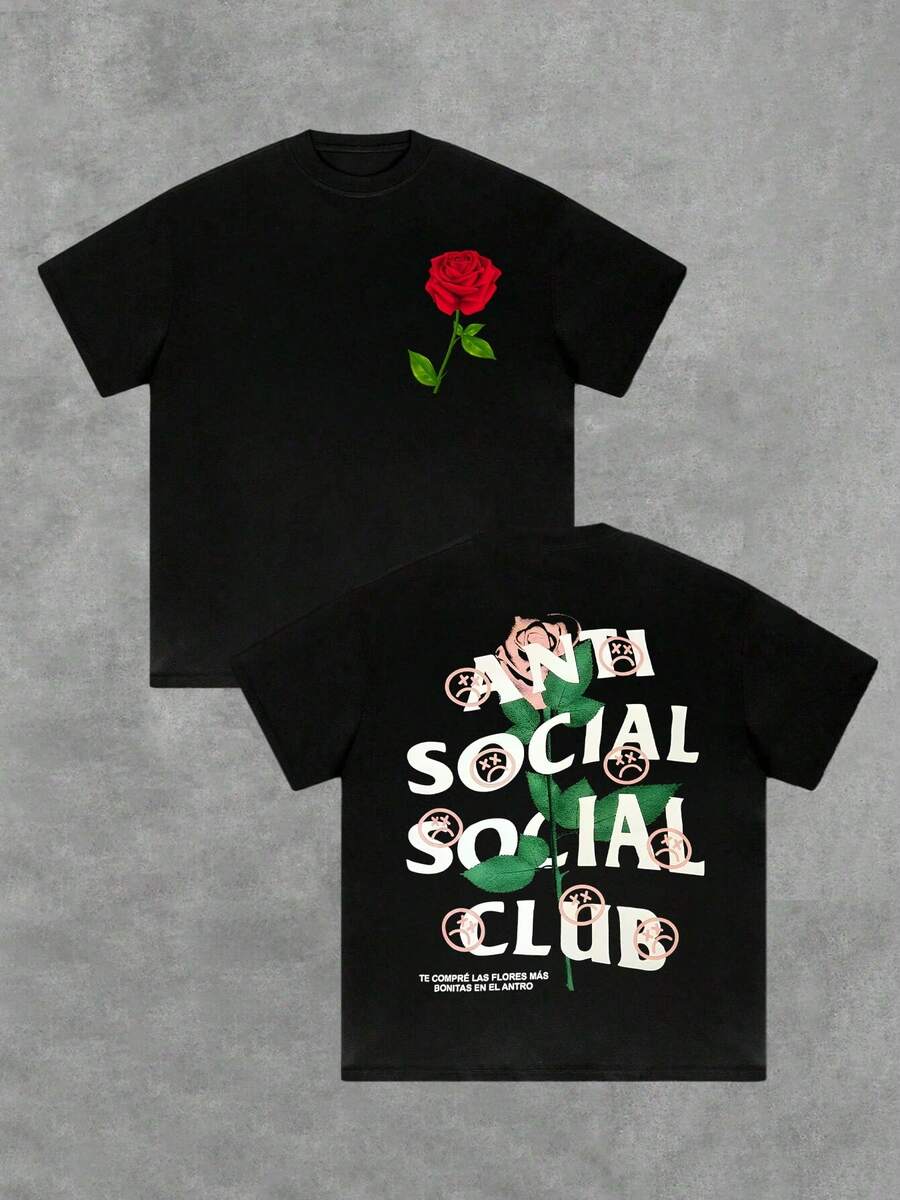 1Pcs Y2K Swag Rose Graphic Men's 220G Casual T Shirt Streetwear Style 100% Cotton Men Clothes Anti Social Club Double Sided Printed T Shirt  Summer Tee Oversized Loose Fit Top Hip Hop Clothing - Black - View 1