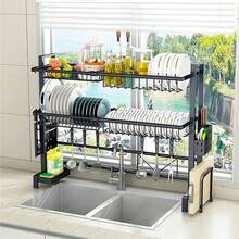 Large Over Sink Kitchen Storage Rack - 2-Tier Adjustable Stainless Steel Dish Organizer With Knife Holder & Utensil Stand, Fits 13.78"-39.37" Cabinets (Ideal For 28.74" Height, Space Saving Design,Kitchen Organization And Storage/Kitchen Accessories/Christmas Decorations For Home/Christmas Decor/Funny Gifts - 黑色 - 查看 8