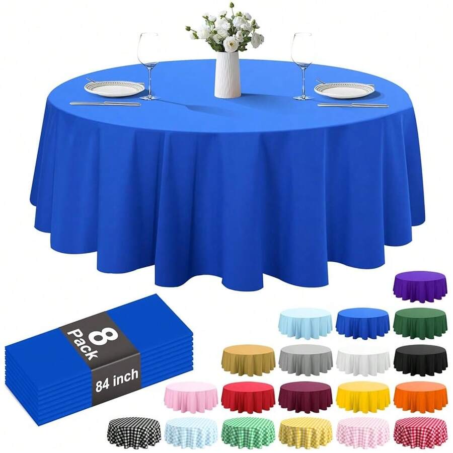 8 Pack Plastic Tablecloth 84\ Disposable Table Cloths For 6 To 8 Foot Tables Round Table Cover For Parties (Blue, Round),Round,Blue - Blue - View 1
