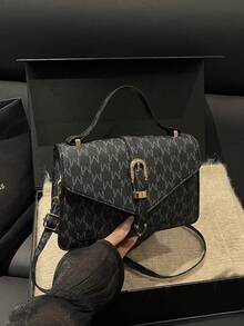 1pc Women's Luxury Fashion Handbag, PU Material, Belt Buckle Design, Lightweight & Versatile, Magnetic Closure, Suitable For All Seasons, Top Handle With Detachable Shoulder Strap, Classic Print, Suitable For Travel, Shopping, Strolling, And Outdoor Commuting, Women's Work Bag, Elegant Tote - Black - View 8