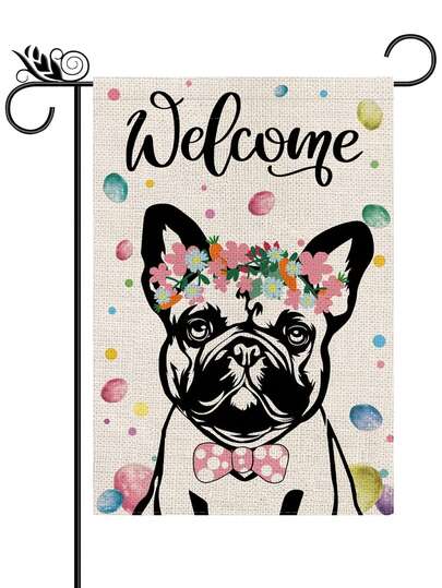 Easter Cute Dog With Wreath Welcome Garden Flag, Easter Egg Element Decor Flag, Outdoor Yard Holiday Decoration Flag (Flagpole Not Included)
