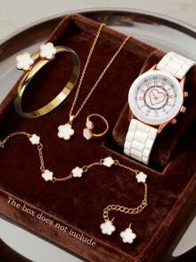 7件套多功能黑色星空石英数字手表套装，搭配幸运花项链、手链、戒指、耳环和珠宝配饰，是情人节和复活节送给女性的理想礼物。