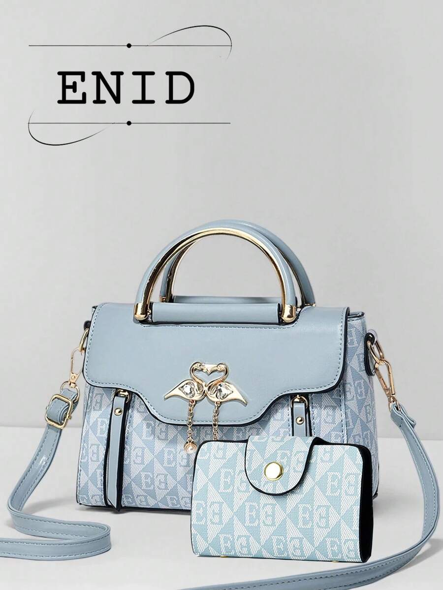 新款字母印花女士手提包，大容量休闲单肩包，多功能斜挎方包 - 藍色 - 查看 1