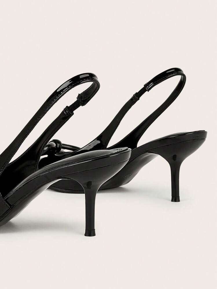 Tacones de aguja de charol negro con lazo y correa de tobillo, adecuados para fiestas, banquetes y oficina - Negro - Añade 5
