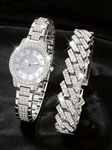 1 Set Fashionable Full Rhinestone Bracelet & Minimalist Elegant Versatile Ladies' Watch - Silver - View 5