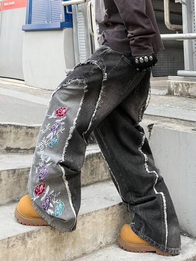 1 szt. Jeansy vintage w amerykańskim stylu ulicznym, z haftem i luźnym krojem, z szerokimi nogawkami, wygodne, uniwersalne, codzienne spodnie jeansowe dla mężczyzn (bez paska i dodatków)
