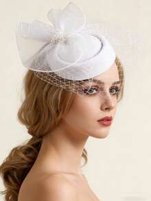1pc Elegant Beaded Veil Bridal Headpiece With Birdcage Veil, Wedding Accessory - White - View 4
