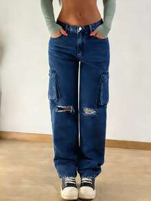 女士中腰中蓝色水洗直筒做旧复古工装牛仔裤 - 时尚春季下装 - 中等水洗藍 - 查看 3