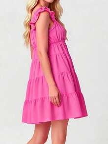 Womens Summer Tiered Solid Color Dresses Casual Boho Smocked Ruffle Sun Beach Babydoll Mini Dresses Flutter Sleeve Layered Flowy Swing Dress Deep V Neck High Waist Swing Tunic Dresses  A-Line Short Dresses For Daily Party Club Going Out Dresses - Hồng - Xem 4