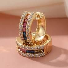 Luxury Elegant Round Earrings With Colorful Square Synthetic Cubic Zirconia Pendants, Suitable For All Occasions, Perfect Holiday Gift - Gold - View 4