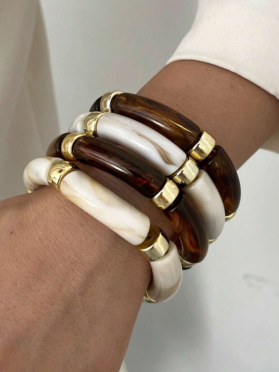 4pcs/Set Vintage Minimalist Elegant Resin Acrylic Brown Elastic Bracelet Set For Women, Suitable For Daily, Party, Valentine's Day, Dating, Holiday Gift, Stackable, 2026 New Arrival