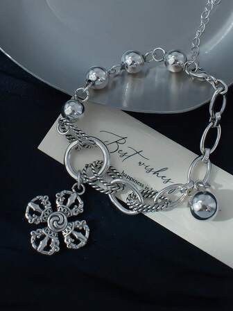 1pc Vintage Rhinestone Vajra Bracelet, Luxurious Cross Charm Bracelet, Suitable For Women's Daily Wear