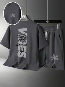 Bộ áo thun ngắn tay cổ tròn in hình hoạt hình dành cho bé trai và quần short. - Màu xám đen - Xem 1