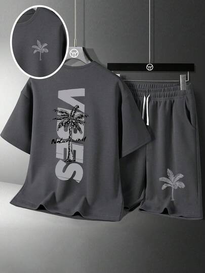 Youth Boy Cartoon Graphic Print Round Neck Short Sleeve T-Shirt And Shorts Set