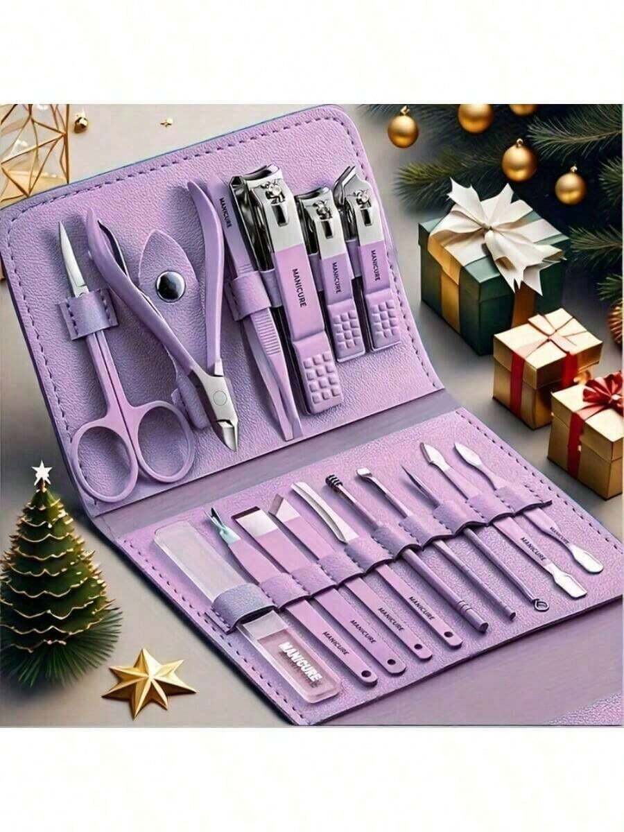 16-Piece Professional Manicure Set |   Stainless Steel Nail Care Kit With Travel Case |   Complete At-Home & On-The-Go Grooming Kit - Màu tím hoa cà - Xem 1