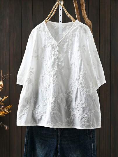 Women's Short-Sleeved Blouse ,Artsy Embroidery V-Neck Shirt For Spring And Summer Vacation