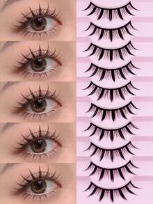 10对自然款假睫毛套装，含睫毛刷和睫毛贴，卡通3D仿貂毛睫毛，柔软卷翘逼真假睫毛条 - 半眼睫毛 - 查看 14