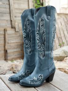 女士西部风情TPU侧拉链刺绣时尚靴，方头高跟性感过膝靴，适合度假及所有季节 - 藍色 - 查看 7