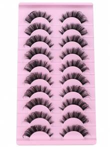 NAIJEMA 10对自然蓬松假睫毛，浓密假睫毛，柔软卷翘仿貂毛睫毛，3D自然纤长睫毛，适合派对、日常佩戴，猫眼妆效，纤长睫毛，浓密卷翘睫毛，可重复使用 - 黑色 - 查看 4