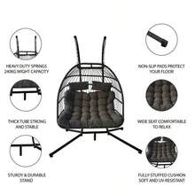 Double Seats Foldable Rattan Swing Chair Hammock With Stand Hanging Garden Patio Weather-Resistant Patio Outdoor - Grey - View 3