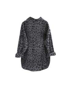 女士豹纹纽扣翻领长袖宽松衬衫，休闲日常穿着，春秋季 - 灰色 - 查看 3