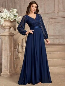MIUSOL Elegant Floral Lace Deep V-Neck Lantern Sleeve Ruffle Hem Maxi Evening Dress - Navy Blue - View 5
