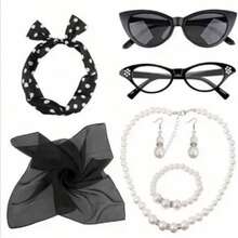 1950s Vintage Party Accessory Set For Women, Including Red Polka Dot Headband, Chiffon Scarf, 6pcs Polka Dot Earrings, Cat Eye Glasses, Beaded Necklace And Bracelet, Suitable For Holiday Parties - Red - View 14