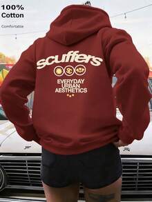 2026新款綠色女士連帽衫，時尚圖案印花，'Scuffer'文字裝飾休閒百搭衛衣，中性落肩長袖設計，舒適純棉，適合春夏季男女共穿，日常咖啡約會讓人心情愉快的理想禮物 - 銹紅色 - 查看 4