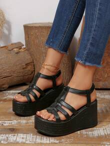 Women's Platform Thick Strap Dark Fashion Sandals,Spring Summer Outfits - Black - View 3
