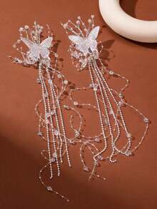 1个/2个装 女士时尚优雅透明白色蝴蝶流苏水晶珍珠发夹，适合日常佩戴、婚礼、派对，可搭配马尾辫 - 彩色 - 查看 2