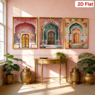 3er Set, exotische farbenfrohe Türmalerei, Holzrahmen Leinwand Poster, wasserfester Kunstdruck, klassischer und moderner Stil, geeignet für Zuhause, Büro, Wohnzimmer, Café, Bar und andere Innen- und Außenräume Wanddekoration, geometrisches Muster, Frühlings-/Sommerthema, Leinwand-Tintendruckverfahren