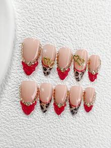 10pcs Minimalist Valentine's Day Nail Stickers, Acrylic Nail Art Set, Champagne Color Rhinestones, Heart Decor, Leopard Print Design, White Star Nail Stickers, Includes Nail File (1pc Jelly Sticker + 1pc Nail File), 3 Sizes: Almond, Duck Mouth, Coffin, Suitable For Commute, Valentine's Day, New Year, Party, Winter Holiday & Daily Wear Nails Nail Supplies Handmade Press On Nails - 彩色 - 查看 14