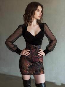 Vestido Corto para Mujer Novedad Estilo Occidental | Sexy Tela Transparente Encaje con Estampado Floral | Corte Halter Ceñido Ajustado a la Cintura y Cadera | Elegante y Moderno - Negro - Ver 2