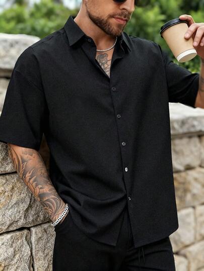 Camisa casual de manga corta de unicolor y textura de GloMan Urban Streetwear para hombres, 100% algodón con cuello de solapa. Suave y ligeramente elástica, cómoda y transpirable, adecuada para uso casual diario, salidas de fin de semana, reuniones sociales, vacaciones, ropa de oficina, regalo del Día del Padre.