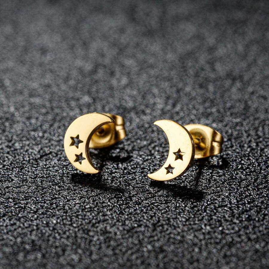 1 paire de boucles d'oreilles à la mode en forme de lune et d'étoile dorées, en acier inoxydable, de style minimaliste, convenant pour un port quotidien, cadeau de bijoux élégants pour tous les jours