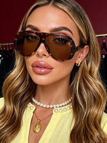 1 Pair Oversized Pilot Style Toad Eye Glasses, American Personalized Glasses, Summer Vacation Beach Accessory, Gradient Color, Women's Fashion Toad Eye Glasses, Suitable For All Seasons, Concave Lens, Same Style - 玳瑁色 - 查看 2