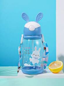 1个600毫升兔耳朵造型水杯，儿童学习吸管杯，学生兔子杯，可爱卡通瓶盖水杯，带挂绳 - 彩色 - 查看 2