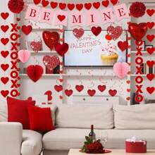 Valentines Day Decorations Hanging Kit 25Pcs Red Valentine's Day Decor Hanging Heart Swirls BE Mine Love Heart XO Garlands Banner Heart Honeycomb For Home Office Valentines Wedding Galentines Party - 紅色 - 查看 6