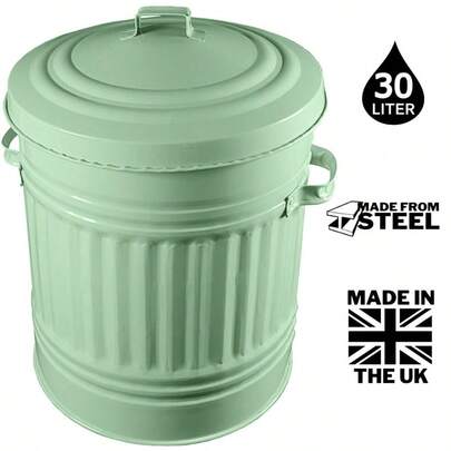Sage Green Metal Bin With Dustbin Lid Strong Steel 30L Bin Ideal For The Home, Kitchen Rubbish, Waste, Outdoor/Indoor Bin, Animal Feed, Pet Food Bin - 30L