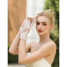 Short Lace Mesh Gloves Tulle Border With Pearls Wedding Opera Tea Party Gloves For Women Formal,OneSize,Ivory-5 - Gading-5 - View 3