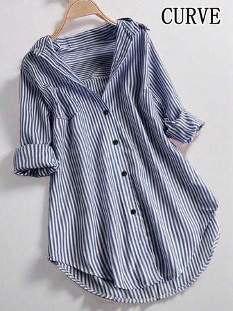 Camisa de manga larga con cuello y botones a rayas para mujer de talla grande, otoño