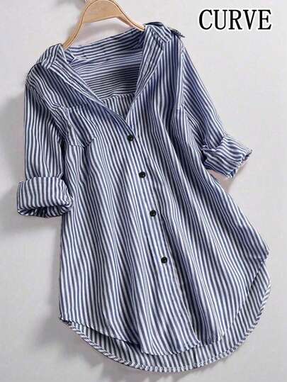 大码女式条纹长袖翻领纽扣衬衫，秋季款