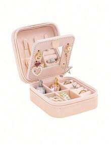 1pc Travel Jewelry Box, Mini Jewelry Storage Box, Compact Jewelry Box With Mirror, PU Waterproof Leather Jewelry Box, Cosmetic Storage Box, Jewelry Storage Container, Travel Organizer Accessory, Pink Travel Essential, Suitable For Necklaces, Rings, Earrings, Lipsticks, Holiday Gift, Gift For Her