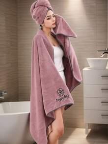1 zestaw damski, chłonny, ciepły, prosty czepek prysznicowy z haftowanym koralowym polarem 25*65 cm + duży ręcznik kąpielowy 90*180 cm Wystrój łazienki - Rdzawy różowy - Zobacz 7