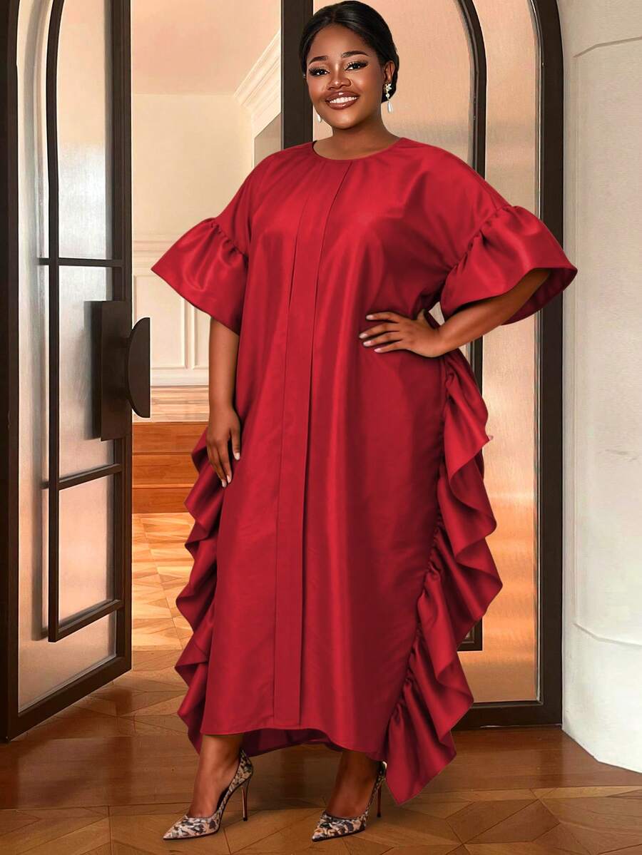 African Inspired Long Dress With Ruffle And Flare Sleeves Round Neck Woven Fabric For Special Occasions - Red - View 1