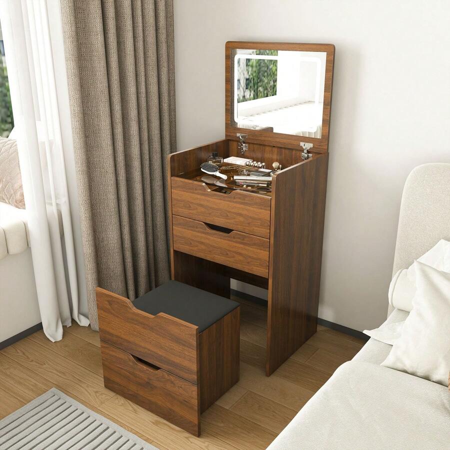 3-In-1 Vanity Desk With Mirror & Stool, Flip Top Makeup Dressing Table, Compact Storage For Bedroom, Bathroom, Dressing Room(18.9"L, Walnut) - 18.9吋長,胡桃木 - 查看 1