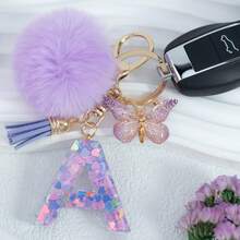 Cute Pom Pom Sequin Letter A-Z Resin Tassel Keychain, Wallet & Handbag Charm, Chain Backpack Pendant, Car Hanging Ornament, Girl Gift, School, Car Accessories, Gothic Y2k - Purple - View 4
