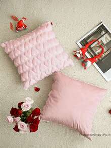 1个浅粉色心形图案枕套，浪漫毛绒仿羊毛方形抱枕，带心形细节 - 情人节、沙发、卧室和浪漫家居装饰靠垫 - 粉色 - 查看 7