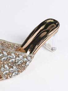 Sapatos de Salto Alto Femininos, Bico Quadrado com Strass Cintilantes, Salto Assimétrico, Confortáveis. Glamorosos, Strass Brilhantes, Adequados para Festas, Reuniões, Bailes, Compras, Várias Ocasiões e Festivais. Sandálias de Salto Alto Elegantes com Strass Prateados Cintilantes para Praia, Casamentos, Festas, Uso Externo na Primavera/Verão - Champanhe - Visão 7